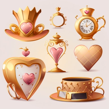 collection of hat , teapot,book, teacup, hearts cards, big crazy hat, gold melting clock , hourglass, queen of hearts , hearts paying cards vector clipart gold and light pink on white background
