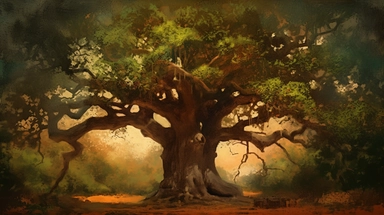 Create a whimsical and vibrant artwork that showcases a majestic Oak tree in a serene forest setting. The scene should be portrayed in a beautiful manga style, capturing the essence of the tree's natural splendor. Use digital painting techniques to highlight the texture of the tree bark and the rich foliage. The color scheme should incorporate vibrant greens, warm browns, and other hues found in nature, reflecting the preferences of the manga and nature-loving community. Soft, dappled lighting s