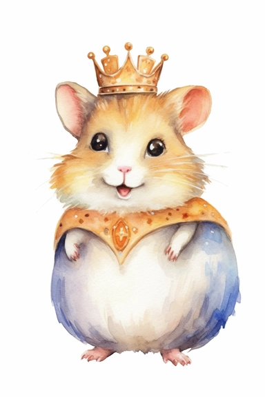 Create a watercolor clipart picture of a happy princess hamster with a crown, white background. The hamster should have a cute and happy expression, with its fur depicted in soft watercolor textures.