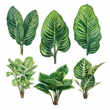6 watercolored Calathea (Prayer plant) spaced out clipart depicted in the style of Botanical Illustration, capturing its intricate details, delicate veins, vibrant green hues, and a realistic portrayal of its texture, on white background