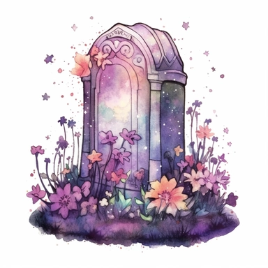 watercolor clipart of a grave headstone, magical and enchanted, cute, sparkles, witchy vibes, isolated on white background