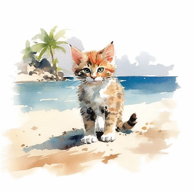 happy kitten on the beach, watercolor painting by WINSLOW HOMER, clipart, isolated pure white background