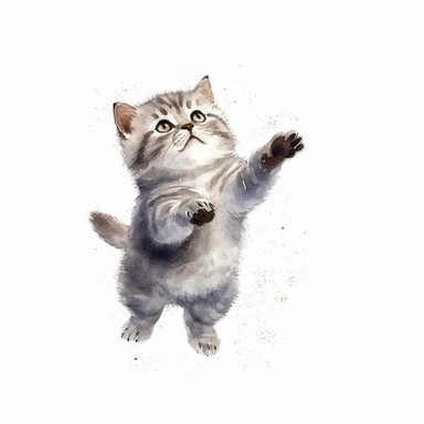hand painted watercolor clipart, gray cream black colored british shorthair kitten jumping in the air and leaping forward wants to grab something, profile view, excited expression on face, childlike innocence and excitement, full body visible, hairs are visible, visible tail, I can't believe how cute, professional watercolor drawing, watercolor paper texture on drawing, isolated on white background