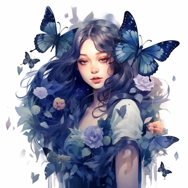 Beautiful clipart of a butterfly girl in flowers, in the style of artgerm, watercolor, animal motifs, Dark blue tones, amedee ozenfant, he jiaying, oshare kei