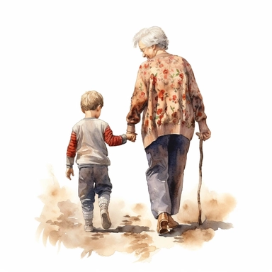 Cute Beautiful Grandma And grandson Is Going Full Body Back View Watercolor Clipart,Cartoon, hyper realistic, intricate detail, illustration style,high solution,on the white background