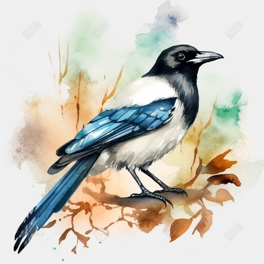 An endearing watercolor Eurasian magpie bird clipart of Eurasian magpie bird playing with different elements 300DPI