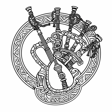 [Theme: United Kingdom] Celtic Bagpipes, simple clipart, coloring book for kids, minimalist cartoon vector line art, thick solid black lines, black and white, isolated on white background