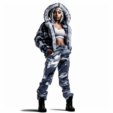 clipart Black woman model pose wearing navy blue and grey style camouflage fur hood sweat jacket and matching pants white background