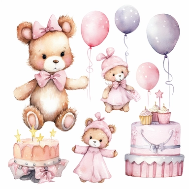 Clipart image, baby girl birthday party, clothes for princess, mix of poses and expressions, cakes, balloon, bear plushies, space out, cute, little princess, white pink inspired, white background