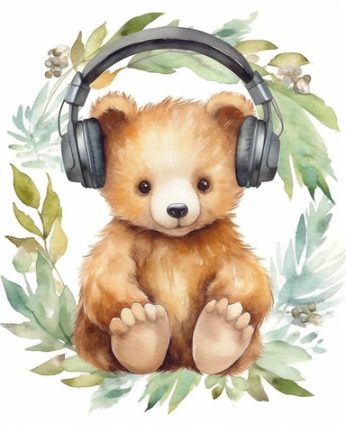 Watercolor clipart baby bear wearing a wreath on head and with leaves below