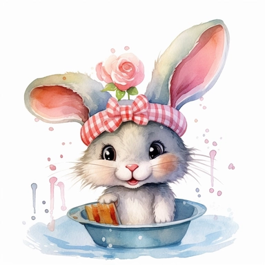 clip art transparent background cute watercolor happy rabbit with birthday hat in a bathroom washing face beauty routine
