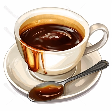 illustration of a cup of coffee, crisp, add embeliishments like tables spoons steam, beautiful, artistic, coffee, clipart, isolated on white background