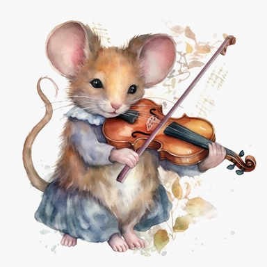 adorable Mouse playing the fiddle, watercolor clipart fantasy magic, old-world clipart