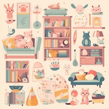 furniture, toys, books, images, flat vector clipart, nursery decor, small child, cute, children room deco