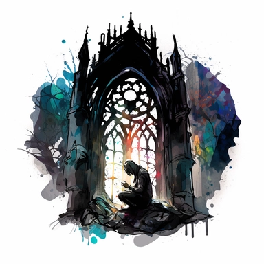 A haunting gothic cathedral with stained glass windows depicting twisted creatures, eerie candlelight casting ominous shadows, a solitary figure kneeling in prayer, Magical gothic watercolor clipart, painted with black ink and watercolor, white background, spaced out, fantasy