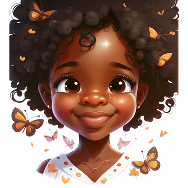 melanin little girl african american clipart close up smile wight background with simmetrical beautiful face and little butterflies sunflavers pixar cartoon style
