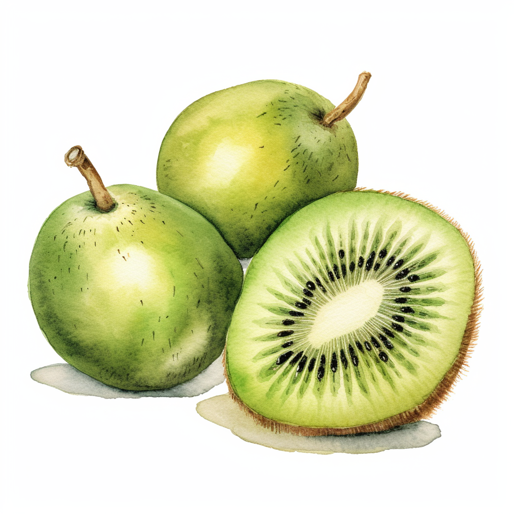 A whole kiwi fruit and a cut half of a kiwi with leaves. | Fruit art  drawings, Fruits drawing, Fruit