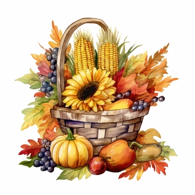Cornucopia watercolor clipart on a white background watercolor , in the style of rural america, high resolution, sarah purser, rural life scenes, large canvases, illustration, celebration of rural life , no watermark, text, words, paintbrush, 300 DPI, typography, the images do not stick together, no text in the picture