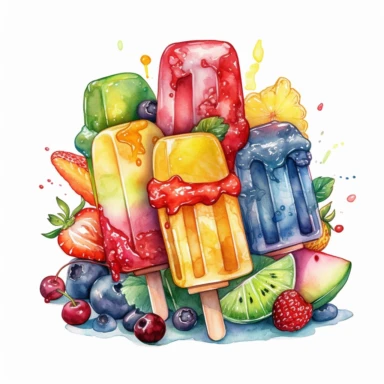 watercolor 1 piece Popsicles Watermelon Mangoes Pineapple Strawberries Kiwi fruit Blueberries Raspberries Cherries Peaches Nectarines Plums Apricots Grapes Papayas Lychees ice cream vividly bold designs png Full body realistic cartoon in 32K UHD cute. 15 cm thick outline. There was no shadow on the ground. 8k with realistic watercolors. and detailed illustrations. PNG clipart, transparent white background