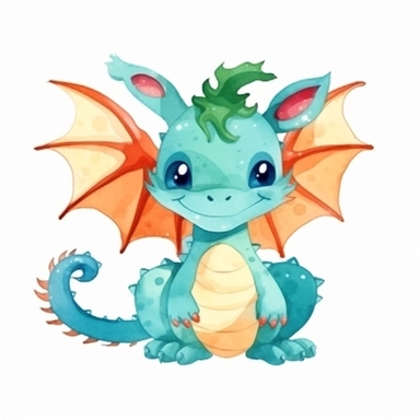 watercolor dragon christmas character clipart on white background, flat design, watercolor bright high resolution