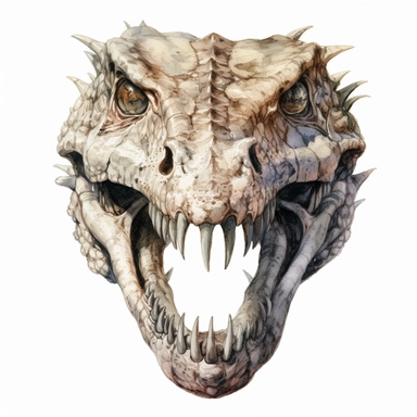 scary face of a demonic crocodile skull looking head on, watercolor, ultra high-detail, dark outlines, hyperrealism, white background, clipart