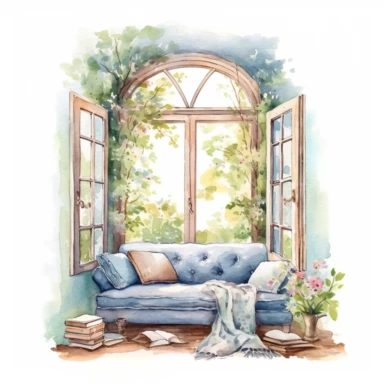 A vintage window with a cozy reading nook, bathed in spring sunlight clipart, white background, watercolor drawing