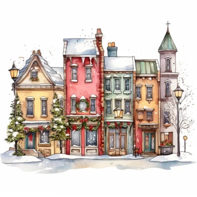 beautiful old town Christmas Clipart , style by Lucy Fleming, watercolor, smooth gradients, black contour outline, ultra detailed, clipart elements, delicate pastel colors, solid white background, super clear, high quality