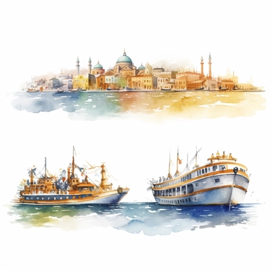 watercolor istanbul golden horn panaromic view seeing the both banks and modern time ships , illustrations clipart set, simple, , cartoon elements ,different variants , separate elements with a margin