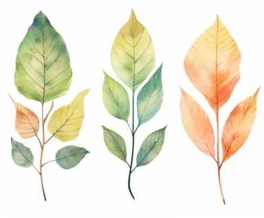 watercolor four tree leaves clipart, flat style, no volume, few details, washed out, minimalistic style, very lose details, very light colors, transparent colors, light airy hues and pastel tones, spaced out, white background, washed out colors and paint, hand-painted watercolor, watercolor paper with visible rough paper texture, a variety of watercolor brushes, do not cross workspace borders, rough watercolor paper texture on top
