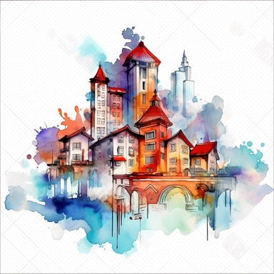clip art watercolor, Future city, home, Full HD watercolor design, intricate details, colorful design, white background, smooth design, 8k