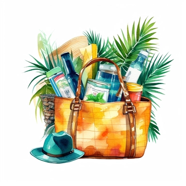 watercolor clipart of a stylish beach bag filled with essentials for a tropical getaway, brushstrokes, white background