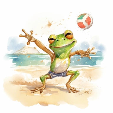 Create a watercolor illustration clipart of a playful cute Frog Playing beach volleyball, with its full body visible. Use soft, flowing brushstrokes and a warm, inviting color palette to create an image that is both charming and whimsical. Incorporate intricate details like the motion of the Frog Playing beach volleyball to create a lifelike, realistic image. Can add other elements to the illustration like related item to play to create playful scene. Use white background to allow the watercolor