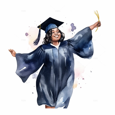 watercolor fat black female student graduation clipart on a white background