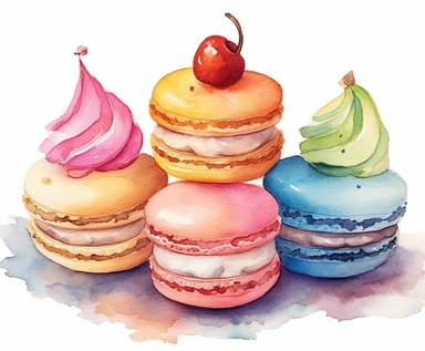 watercolor four Sweets clipart, flat style, no volume, few details, washed out, minimalistic style, very lose details, very light colors, transparent colors, light airy hues and pastel tones, spaced out, white background, washed out colors and paint, hand-painted watercolor, watercolor paper with visible rough paper texture, a variety of watercolor brushes, do not cross workspace borders, rough watercolor paper texture on top