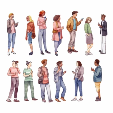 watercolor, Set of multiethnic people talking or speaking. Collection of chatting couples with speech bubbles. Men and women meeting. Dialogues between characters. png Full body realistic cartoon in 32K UHD cute. 15 cm thick outline. Black color. There was no shadow on the ground. 8k with realistic watercolors and detailed illustrations. PNG clipart, transparent white background