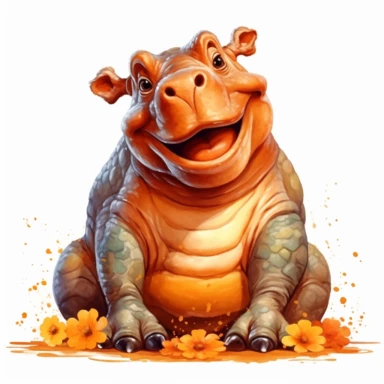 cute Hippopotamus Clipart sitting and smiling in the style of oil painting, on a white background