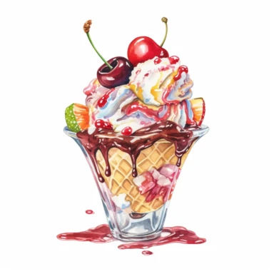 Watercolour of a Ice Cream sundae, Clipart,Cartoon,hyper realistic, intricate detail isolated on a white background, high quality, sublimation, detailed, cartoon style