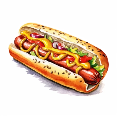 a captivating watercolor, hyper-realistic clipart image with a white background and white margins, portraying a hot dog with all the classic toppings--mustard, ketchup, onions, and relish. The ultra-detailed, hand-drawn elements capture the textures and colors of the hot dog and toppings. Use bold shades of yellow, red, and brown to create a visually enticing image that captures the nostalgia and simplicity of this fast food staple