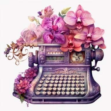 a watercolor enchanted old and used 1900 cash register profil view, enchanted collector's item surrounded by an arrangement of a number of dramatic extravagant saturated digital purple 3D giant orchid, in the style of large-scale photography, lush detailing, watercolor style, pastel colors, playfully intricate, made of flowers, bloomcore, clipart, transparent png background