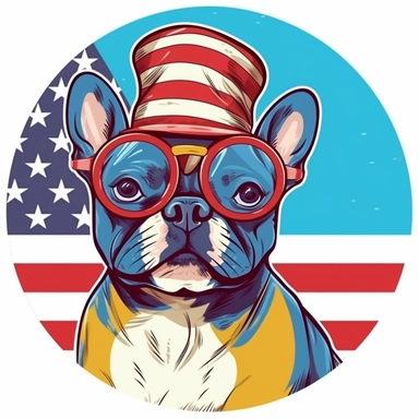 sticker, background american flag, yellow french bulldog, full body, in style Independence Day in usa, hat with an american flag, clipart