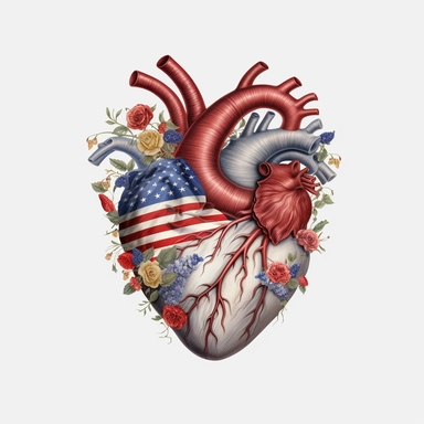 realistic illustration, real heart clipart, with floral decoration, with colors of the united states flag, july 24th, high definition embedded details, white background,