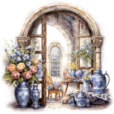 watercolor mixed media masterpiece royal kitchen beautiful window with porcelain dishes and books and basket with flowers, richly decorated with flowers, golden accents, provence, by Adonna Khare style, Baroque style, PNG clipart, isolated on white, extreme photorealistic details, 32k HD resolution, realistic high detailization high resolution