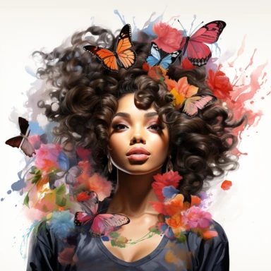 Beautiful black woman beautiful hair lips and eyes long eyelashes, colorful butterflies in hair as clipart on white background