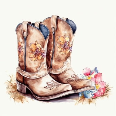 White background, Cowboy boots, clipart, Cowboy hat on shoes, pastel