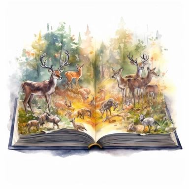 watercolor clipart open pop up book with a group of deer coming off the pages