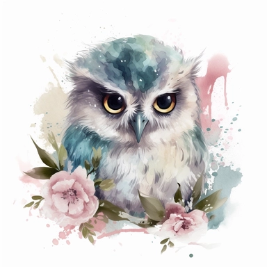 super cute newborn baby owl clipart with huge cute blue eyes long fur smiling painted in watercolour style, splashes, pastel pink and sage green floral elements, white background 8k hd