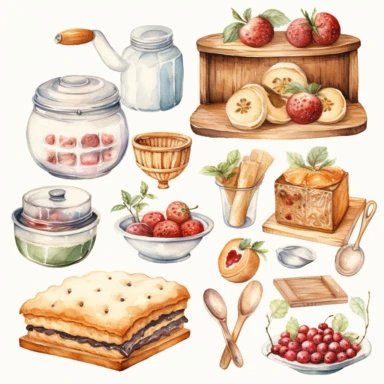 watercolor country kitchen baking items clipart