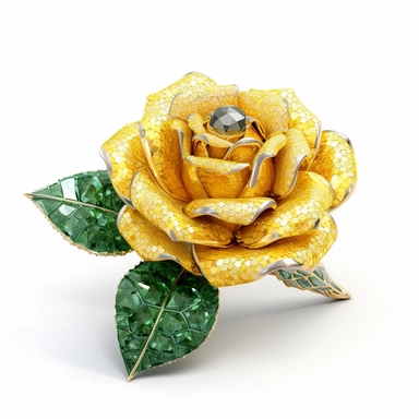 clipart of a realistic rendering of a yellowrose made out of pure diamond and emerald on a white background, in the style of extremely detailed, mineral, expensive, 8k