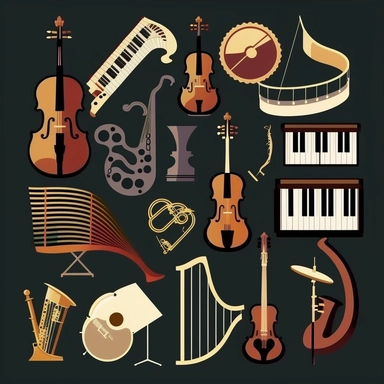 Generate clipart of various instruments of the orchestra. The clipart should be in black and white and should depict the instruments in a simple, easily recognizable style. The instruments to be included are: violin, viola, cello, double bass, flute, oboe, clarinet, bassoon, trumpet, French horn, trombone, tuba, and percussion instruments such as timpani, snare drum, cymbals, and xylophone. The clipart should be in a high-resolution format suitable for use in print and digital media. Each instru