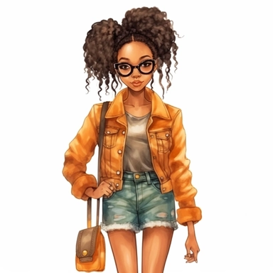 pretty African American girl model water color character clipart, cute girl wearing modern style clothing realistic digital art, white background, s1000